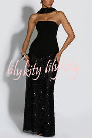 Oakley Corset Strapless Top and Sequin High Rise Maxi Skirt Scarf Set