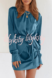 Satin Round Neck Long Sleeve Elastic Tie Mini Dress