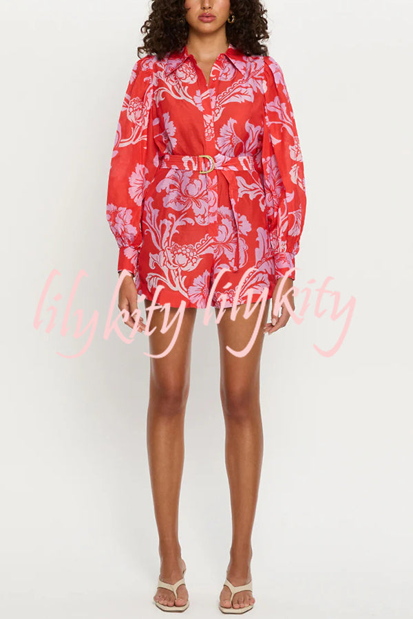 Linen Blend Botanical Print Lapel Puff Sleeve Loose Tie Casual Rompers