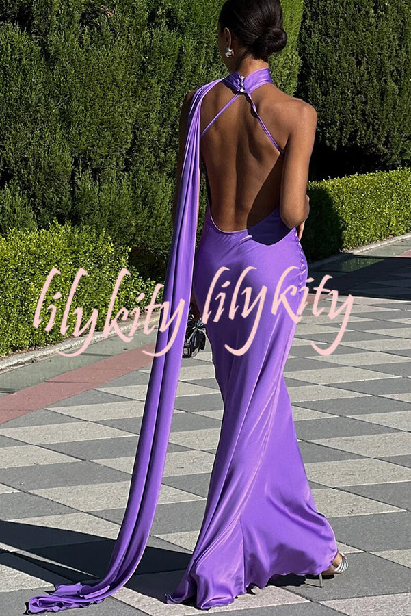 Crush on You Satin One Shoulder Backless Cape Maxi Dress