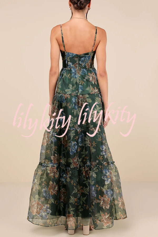 Exclusive Glamour Organza Floral Print Tiered Slip Maxi Dress
