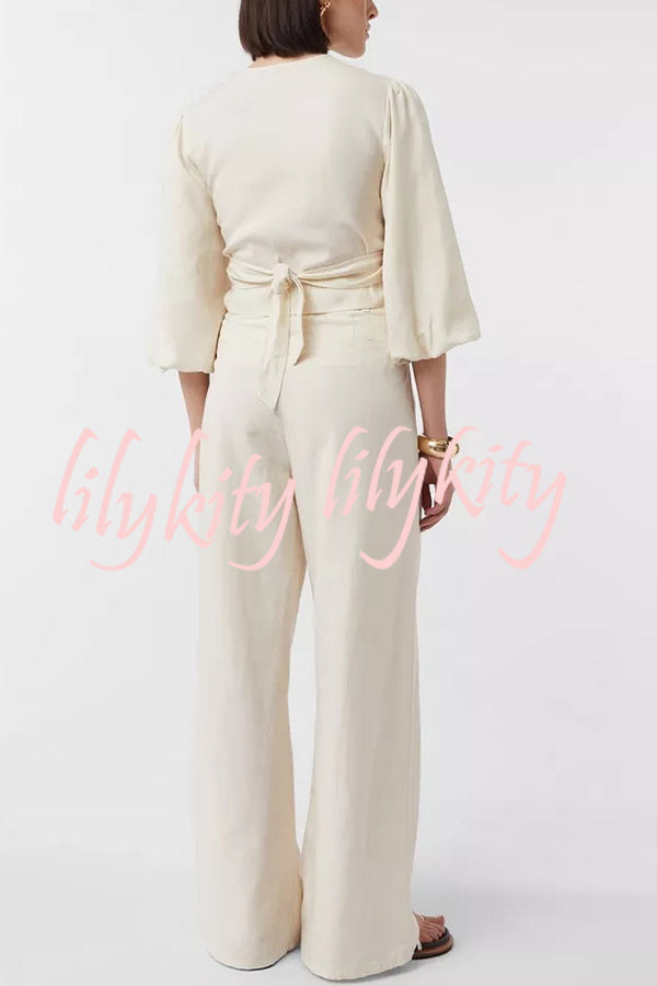 Lets Go Out Linen Blend Balloon Sleeve Wrap Tie-up Loose Top