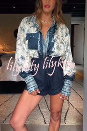 Bohemian Elegant Satin Contrast Color Unique Print Button Up Pocket Loose Blouse