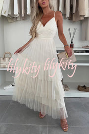 Romantic Movie Tulle Ruched Tiered Hem Slip Maxi Dress