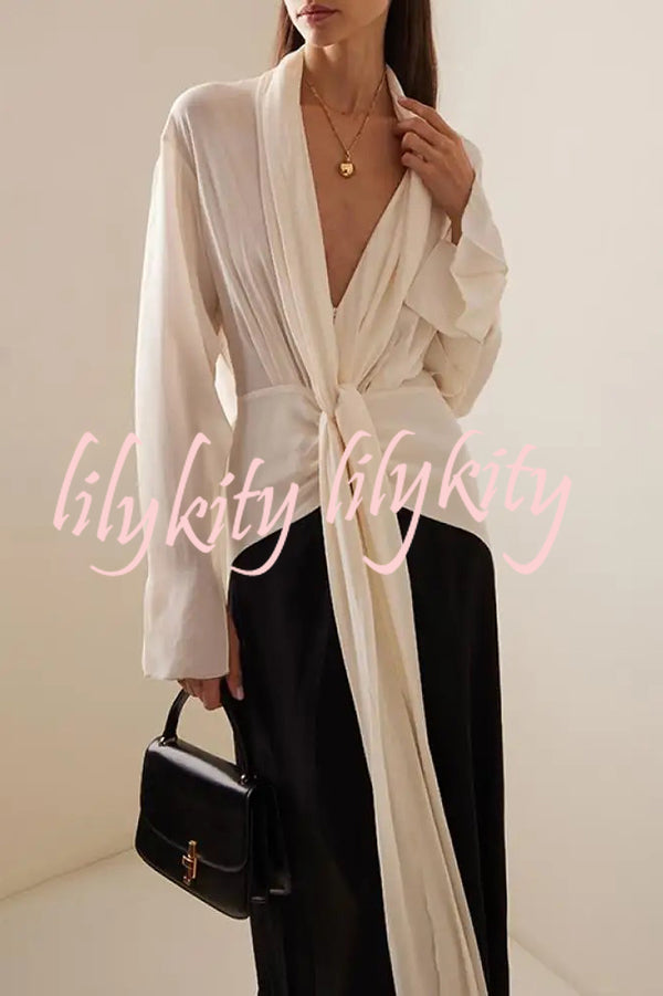 Fashion Contrast Color V-neck Tie High Waist Drape Maxi Dress
