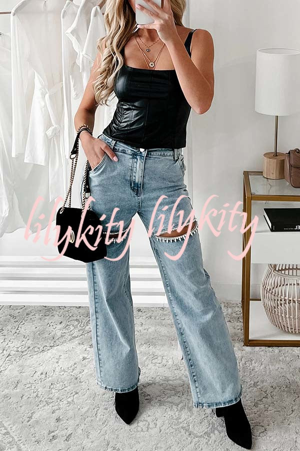 Blowing Your Mind Slit-Front Wide Leg Pocket Rhinestone Jeans