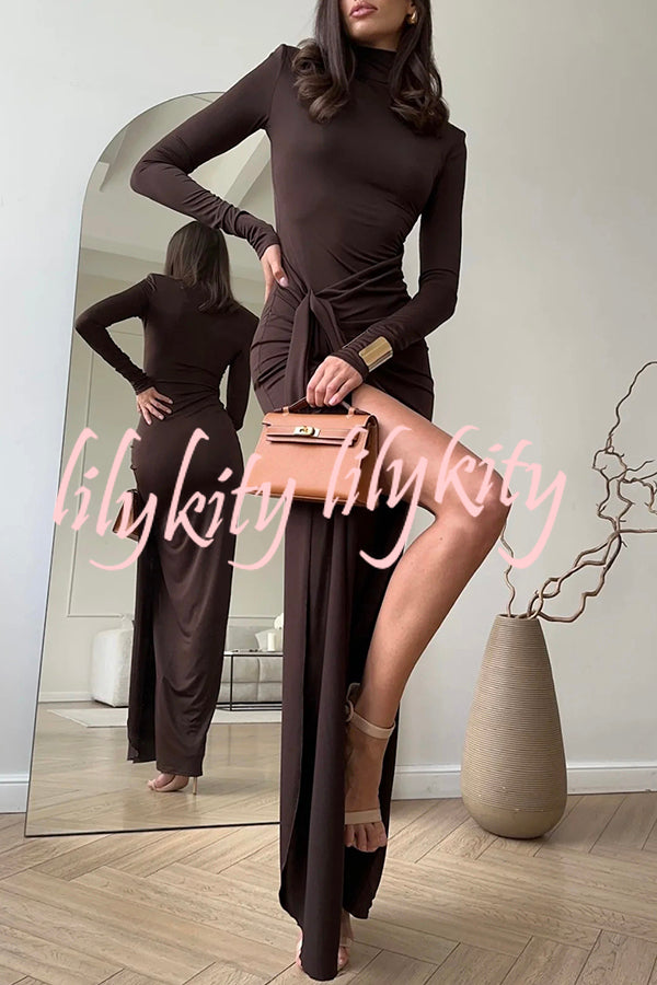 Luxe Silhouette High Neck Shoulder Pads Drape Stretch Maxi Dress