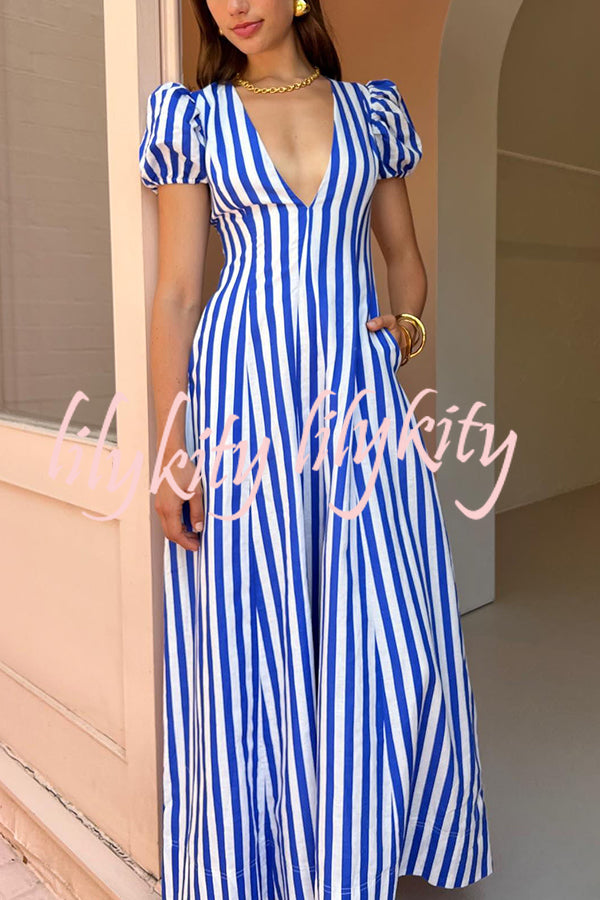 Indulge in Timeless Striped Print Puff Sleeve Pocketed Wavy Maxi Dress