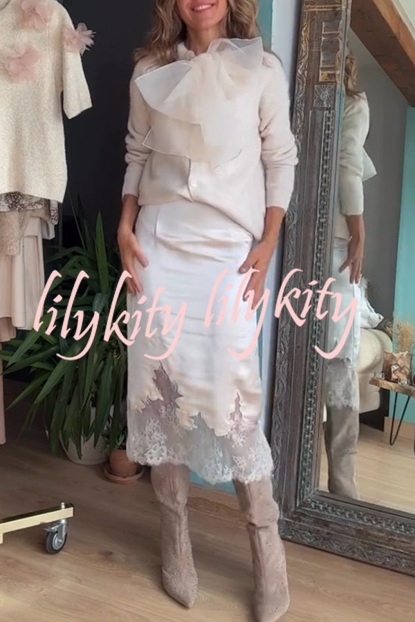 Orozco Knit Organza Bow Button-down Long Sleeve Loose Cardigan