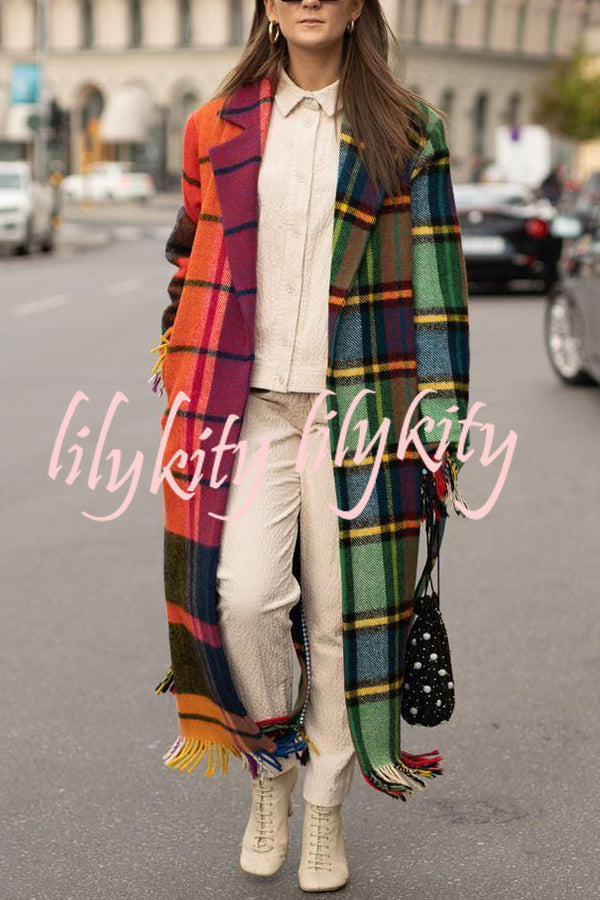 Fashionable Color-block Plaid Print Lapel Long-sleeved Casual Long Coat