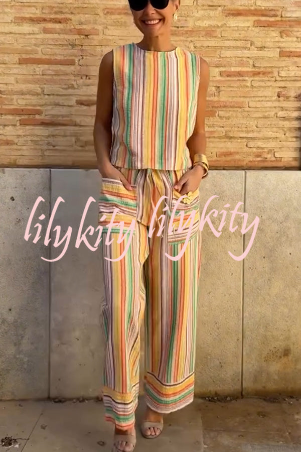 Tylah Linen Blend Colorful Striped Back Button Vest and Elastic Waist Pocket Loose Pants Set