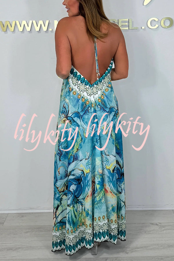 Unique Print V-neck Open Back Loose Maxi Dress