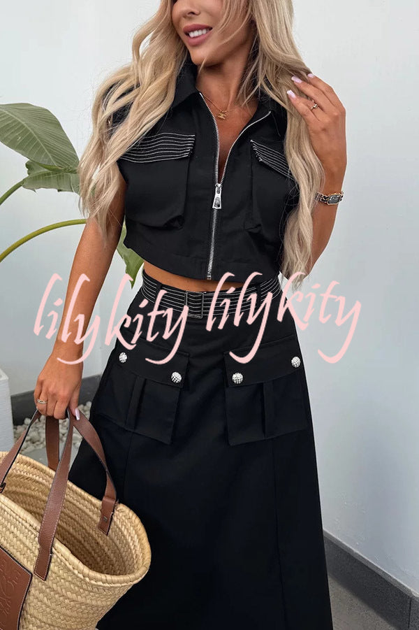 Athleisure Zipper Pocket Sleeveless Jacket and Belted Cargo Midi Skirt Set