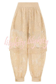 Ellie Lace Gathered Waist Pocket Button Ankle Cuffs Harem Pant