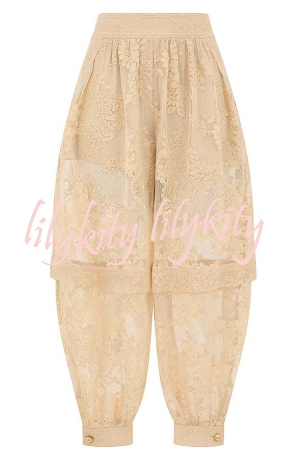 Ellie Lace Gathered Waist Pocket Button Ankle Cuffs Harem Pant