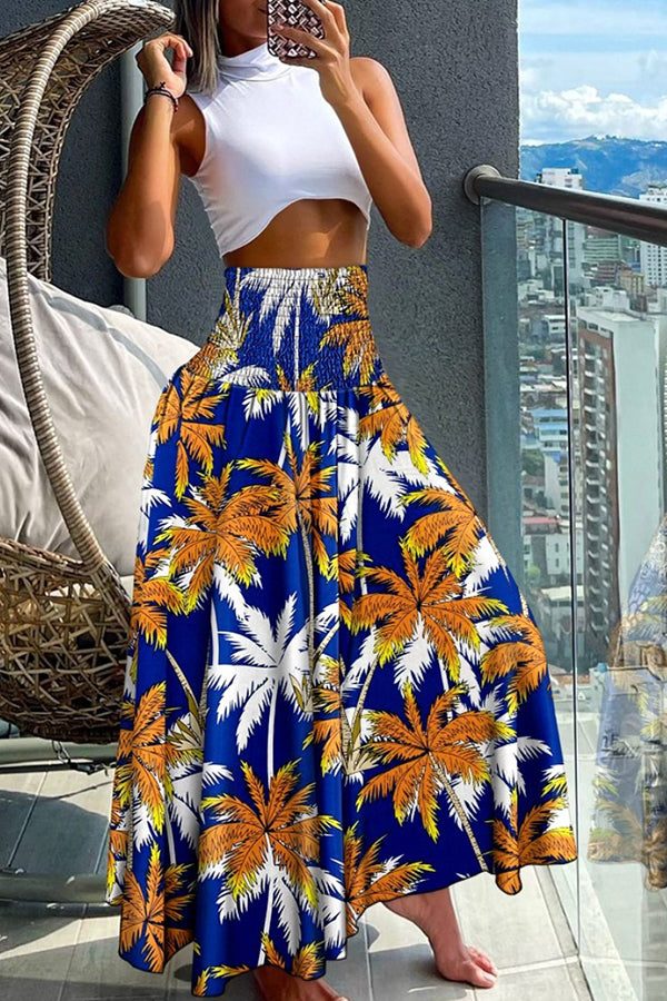 Unique Printed Pleated Elastic Waist Holiday Casual Maxi Skirt