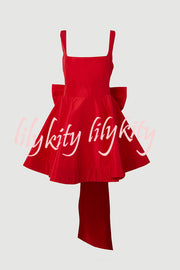 Red Drama Taffeta Square Neck Back Oversized Bow Pocket Mini Dress