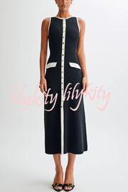 Elegant Slim Fit Crew Neck Buttoned Sleeveless Knit Midi Dress