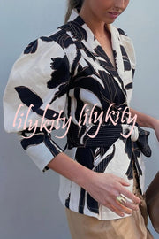 Sunny Sangria Unique Printed Puff Sleeve Waist Tie Lapel Jacket