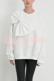 Solid Color Round Neck Long Sleeve Bow Loose Sweatshirts