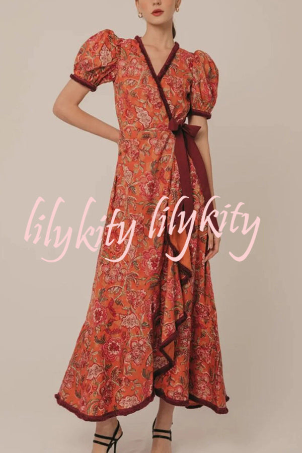 Bohemian Floral Print Elegant Puff Sleeve Holiday Maxi Dress