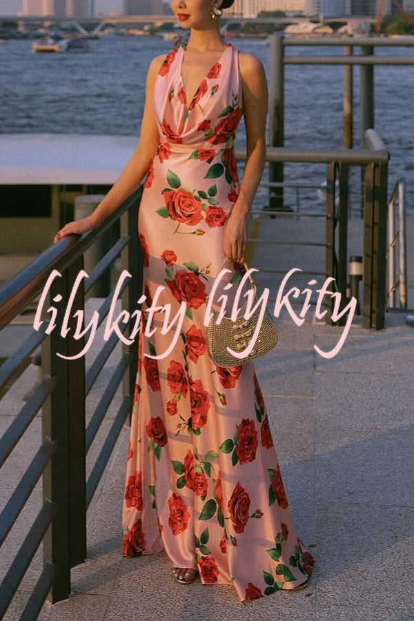 Rose Print Sexy Halter Neck Strappy Backless Slim Fit Maxi Dress