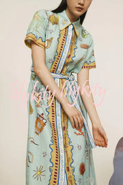 Deep Sea Dreaming Linen Blend Unique Print Short Sleeve Tie-up Shirt Maxi Dress