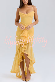 Retro Romantic Style Mesh Ruffle Trim Ruched Slit High Low Maxi Dress