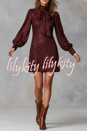 Gift for Me Sequin High Neck Bow Tie Long Lantern Sleeve Party Mini Dress