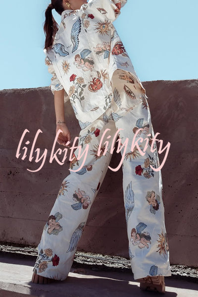 Angel Wings Denim Unique Print Mid Rise Pocket Loose Pants
