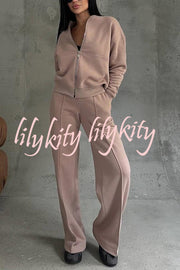 Solid Color Casual Long Sleeve Zipper Jacket and Elastic Waist Pocket Wide Leg Pants Set