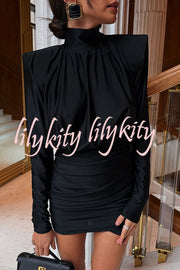 Stylish High-Neck Long-Sleeved Slim-Fit Pleated Mini Dress