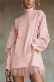 Stylish High-neck Long-sleeved Loose-fitting Pockets Tassel Mini Dress