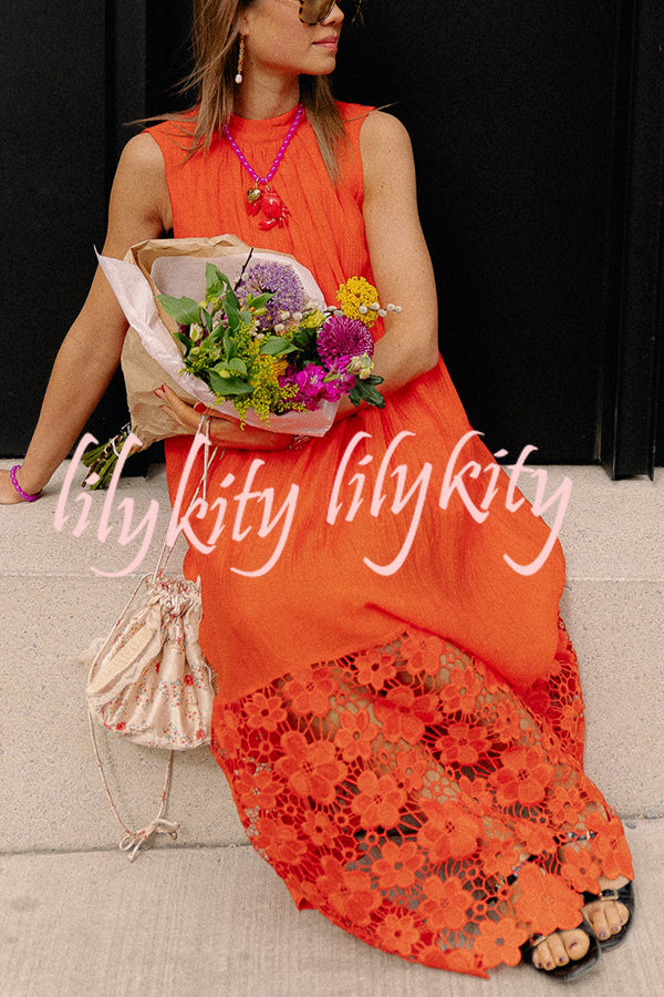 Breezy Comfort Tie-up Neck Sleeveless Floral Lace Hem Maxi Dress