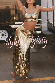 Party Sequin Button Crop Tank and Irregular Round Sequin Tassels Hem Maxi Skirt Set