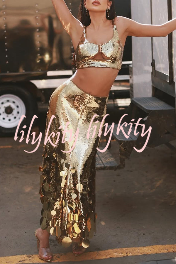 Party Sequin Button Crop Tank and Irregular Round Sequin Tassels Hem Maxi Skirt Set