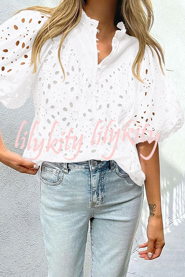 Hollow Embroidered Lace V-neck Buttoned Lantern Sleeve Blouse