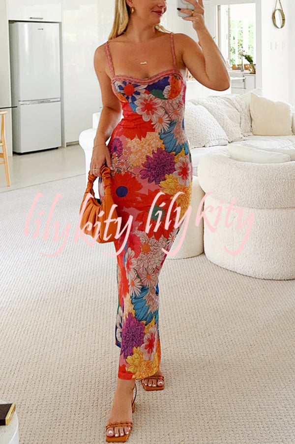 Floral Print Lace Trim Sexy Strapless Backless Slim Fit Maxi Dress