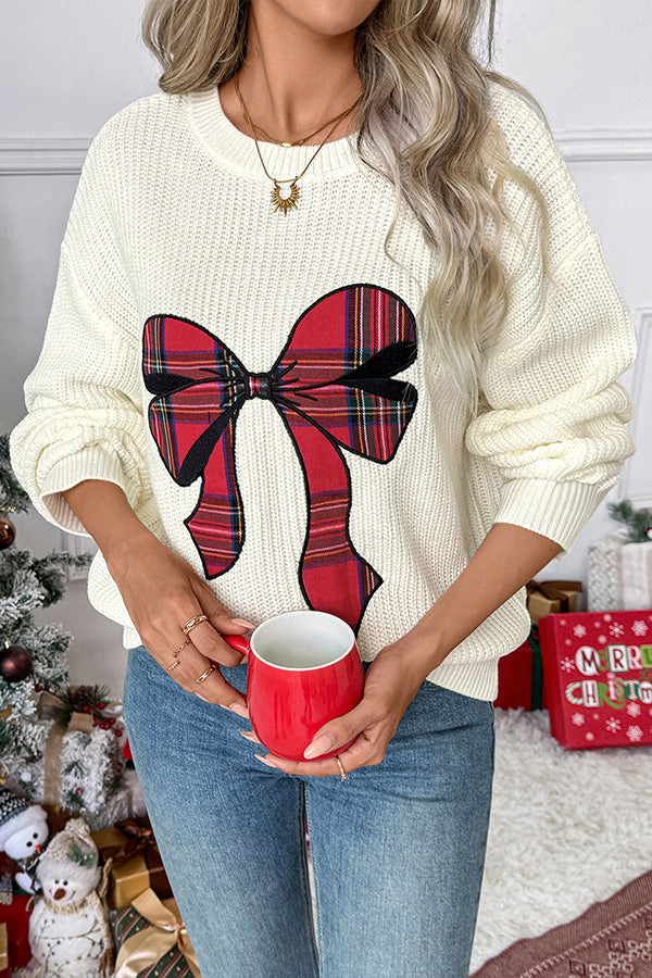 Christmas Plaid Bowknot Round Neck Long Sleeve Loose Knitted Sweater