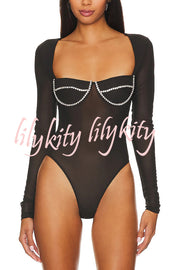 Happy Sexy Friday Mesh Diamante Long Sleeve Stretch Bodysuit