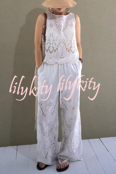Linen Blend Solid Color Embroidered Hollow Loose Vest and Elastic Waist Casual Pocket Wide Leg Pants Set