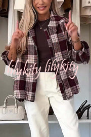 Fashion Plaid Print Lapel Long Sleeve Loose Zipper Jacket