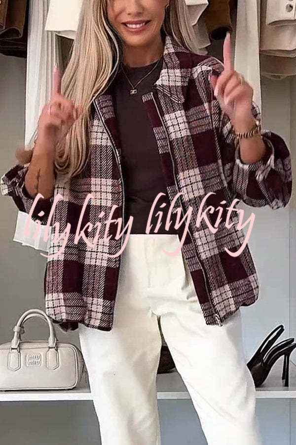 Fashion Plaid Print Lapel Long Sleeve Loose Zipper Jacket