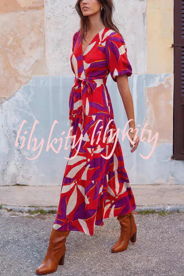 Unique Printed V-neck Puff Sleeves Tie Waist Midi Dress