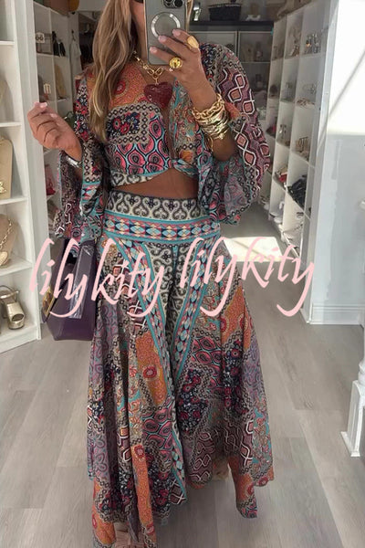 Unique Boho Ethnic Print Balloon Sleeve Crop Top and Elastic Waist Wide-leg Pants Set