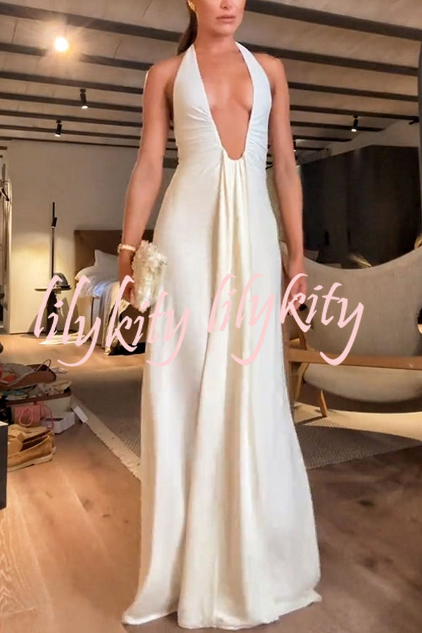 Sexy Silhouette Deep U-neck Halter Waterfall Sash Drape Maxi Dress