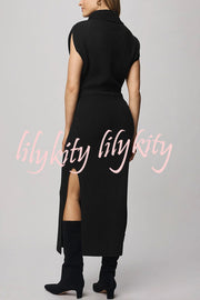 Solid Color Sleeveless Knitted Elegant Waist Midi Dress