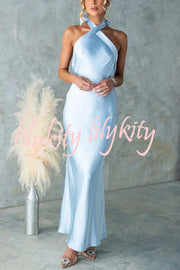 Satin Fashion Halter Backless Slim Elegant Maxi Dress