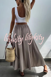 Houston Linen Blend Elastic Waist Pocket Large Hem Casual Long Skirt