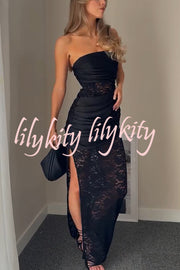 Dulcie Lace and Satin Patchwork Asymmetrical Pleats Bandeau Maxi Dress